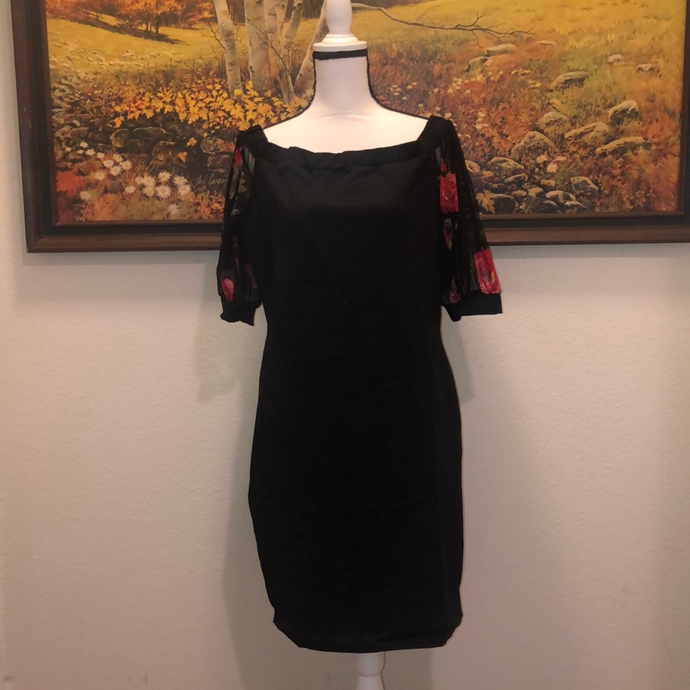 Black Dress with Sheer Floral Sleeve - Picture 2 of 4